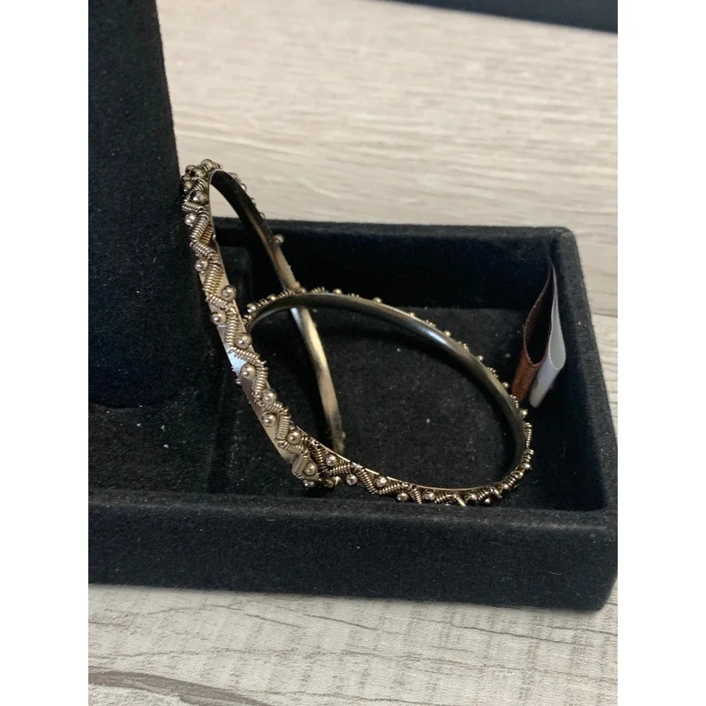 Silver Tone Ornate Twisted Wire Bead Bangle Bracelets Set of 2 Boho Ethnic 6.5